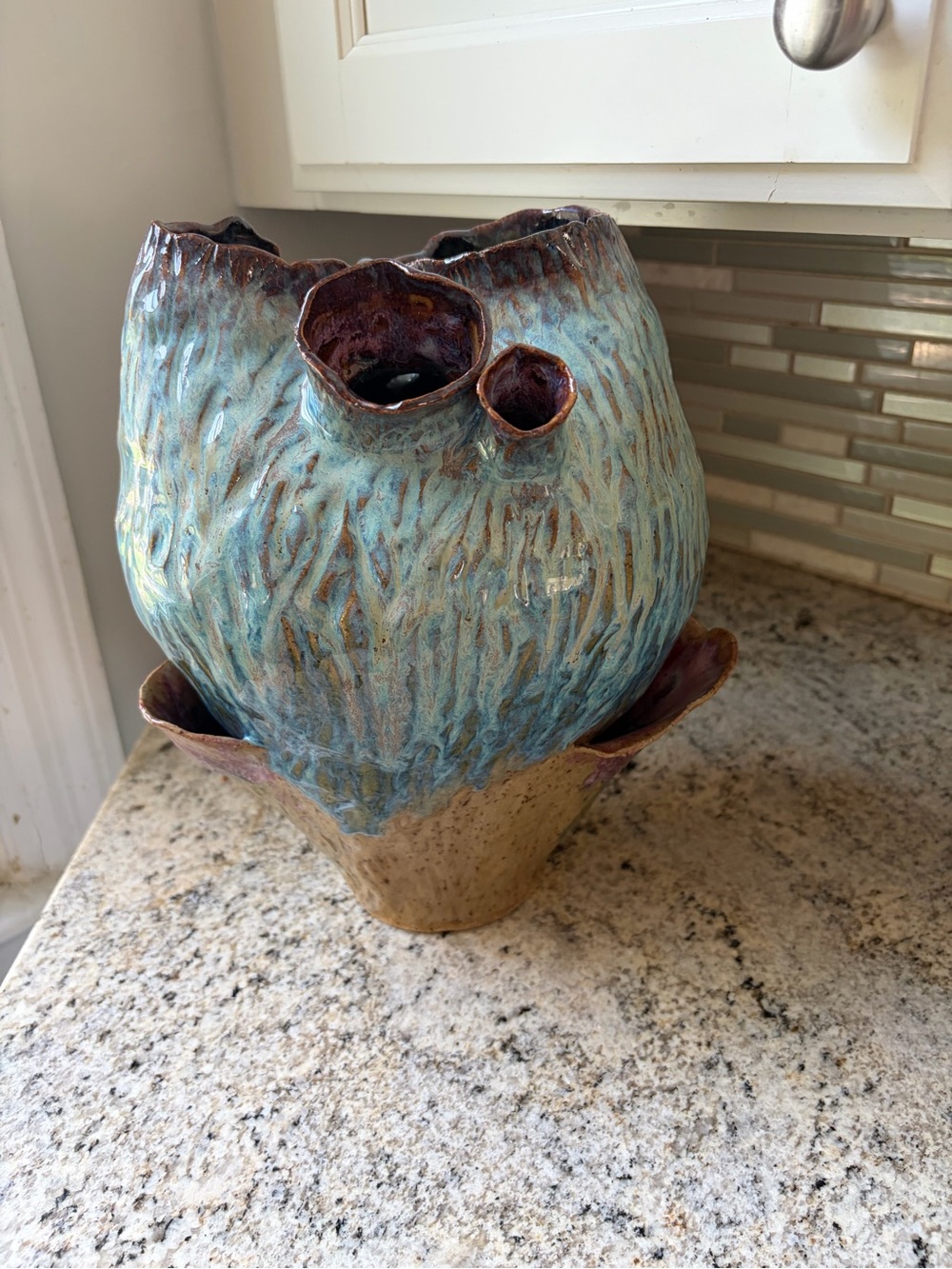 Vamp Pottery signed OOAK multi Bud Vase large Blue Purple Glaze